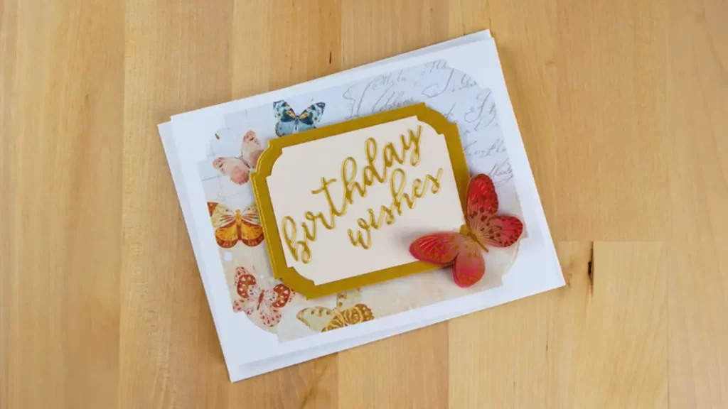 Clean and simple butterfly birthday card using three products from Spellbinders Serenade of Autumn Collection.