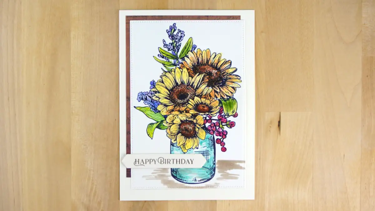 Beautiful birthday card with sunflowers in a ball jar created usint Serenade of Autumn colleciton.