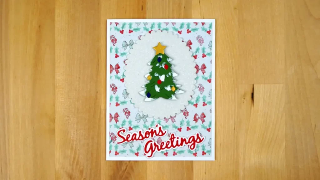 Pretty Christmas card featuring a Christmas tree created using Spellbinders Build-A-Wreath and Christmas Add-on die sets.
