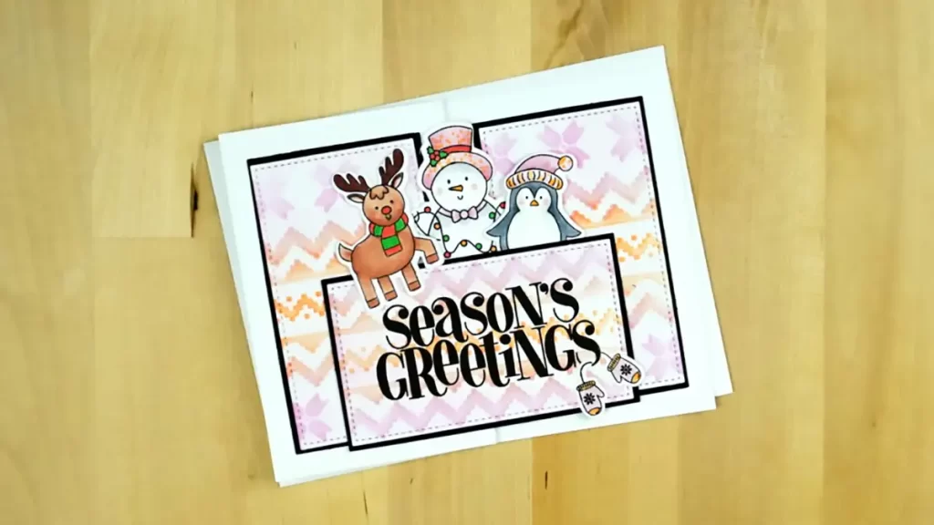 A festive Christmas card featuring a playful penguin and adorable reindeer.