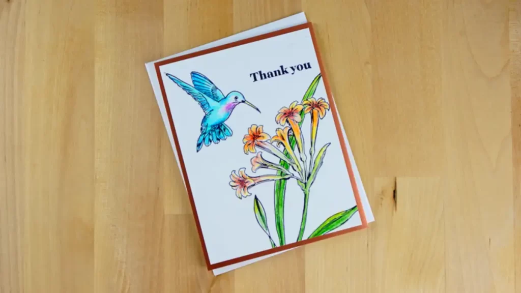 Thank you card, hummingbird, flowers.