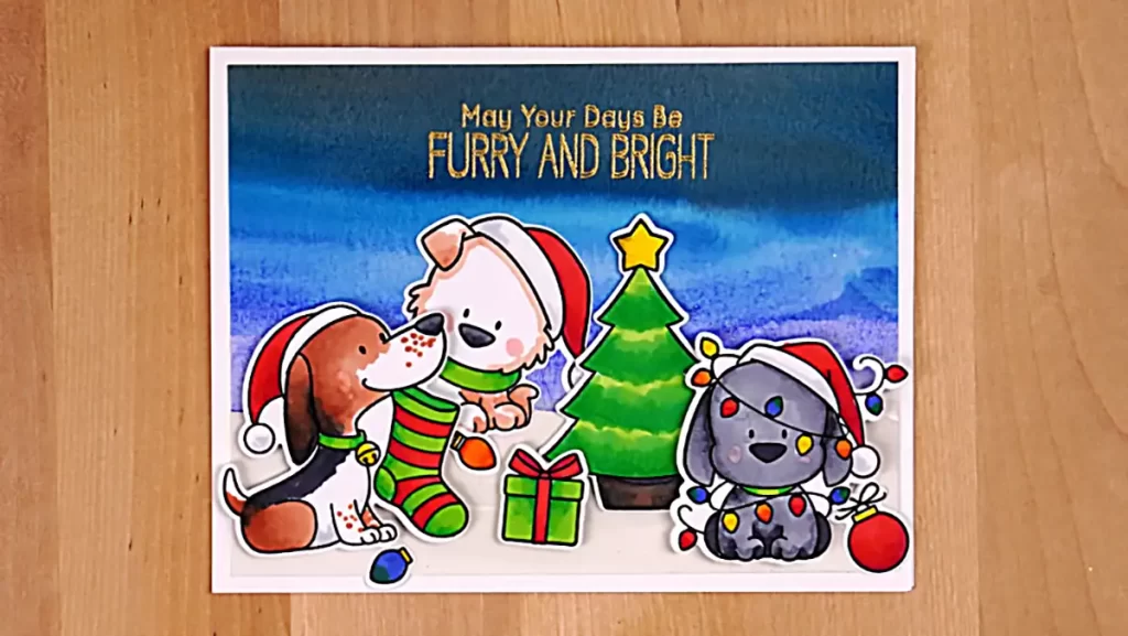Countdown to Christmas with an adorable christmas card featuring two dogs and a santa hat.