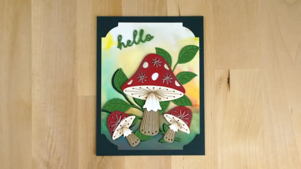 A card with mushrooms and leaves on it - Fave 2023 Club Products.