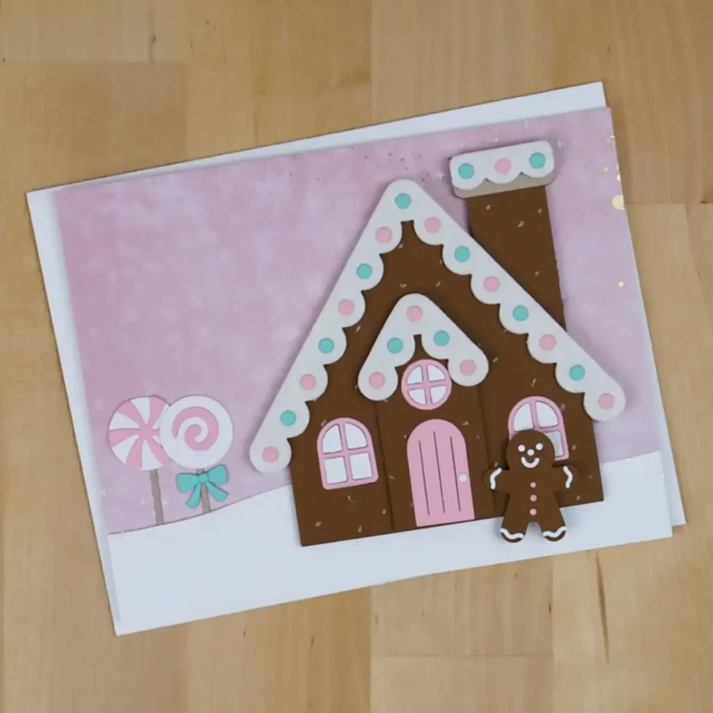 A festive card featuring a gingerbread house surrounded by candy canes, whimsically capturing the excitement of the countdown to Christmas.