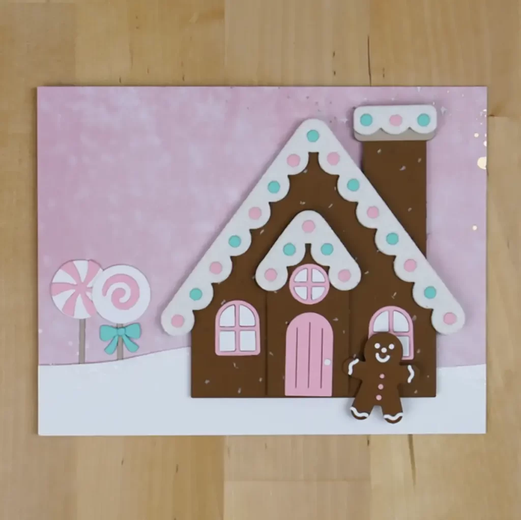 A festive card with a gingerbread house adorned with candy canes, counting down to Christmas.