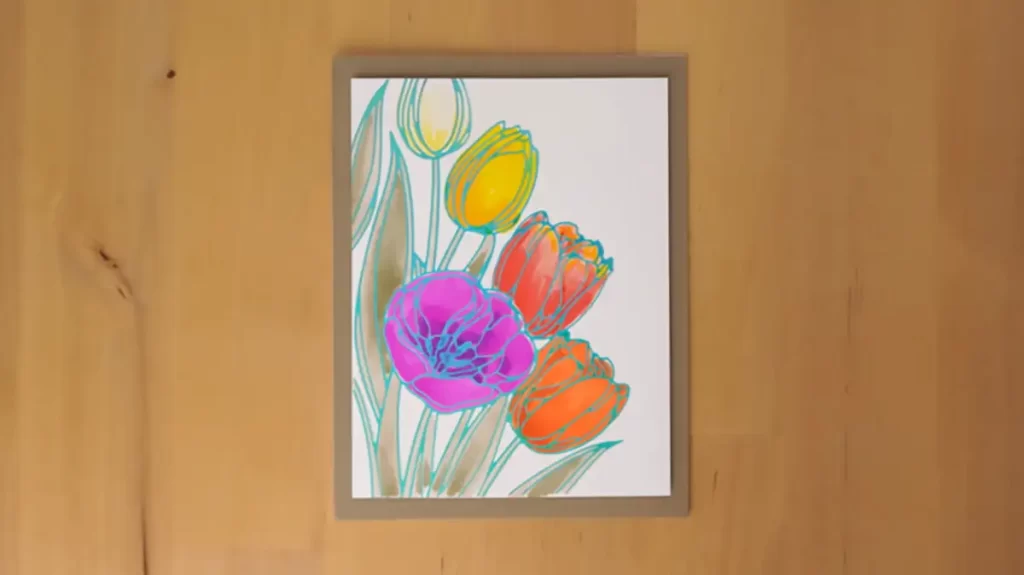 A vibrant greeting card featuring colorful tulips, perfect for spring.