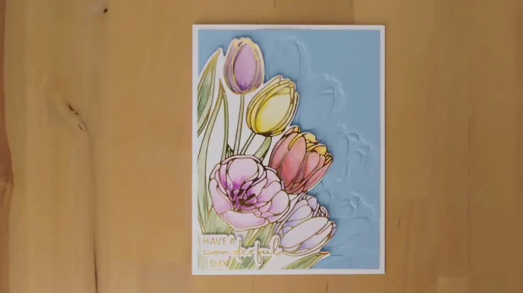 A greeting card with tulips on it.