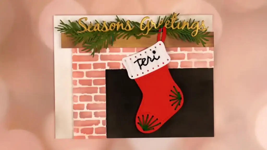 A Stitchmas stocking hanging from a fireplace.