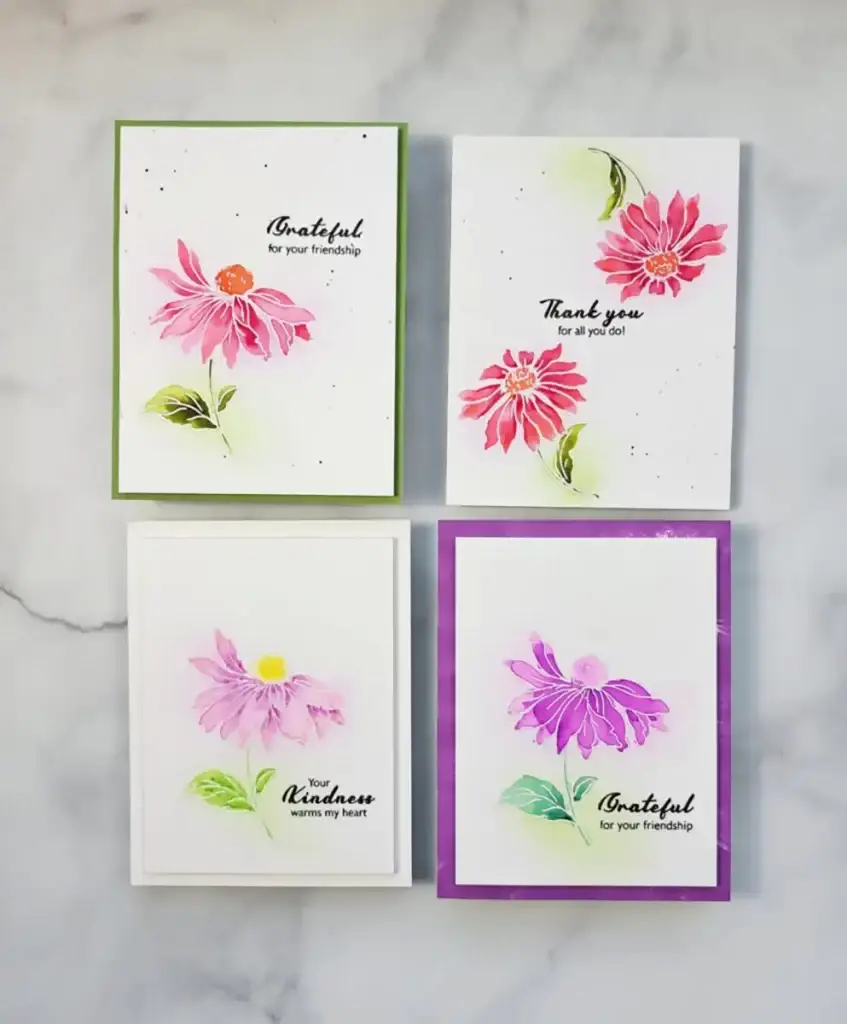 Four cards featuring beautiful watercolor flowers.