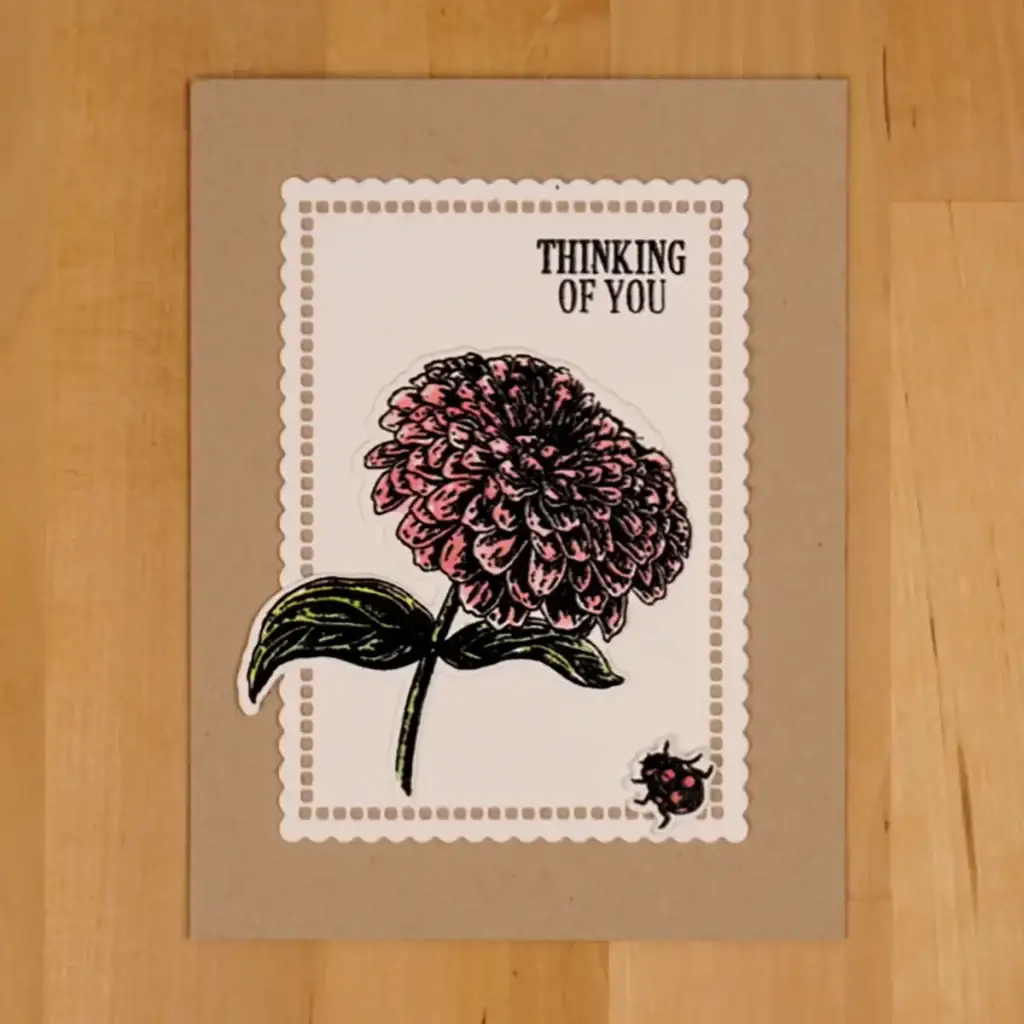 A card with a coral Beautiful Blooms flower and the words thinking of you.