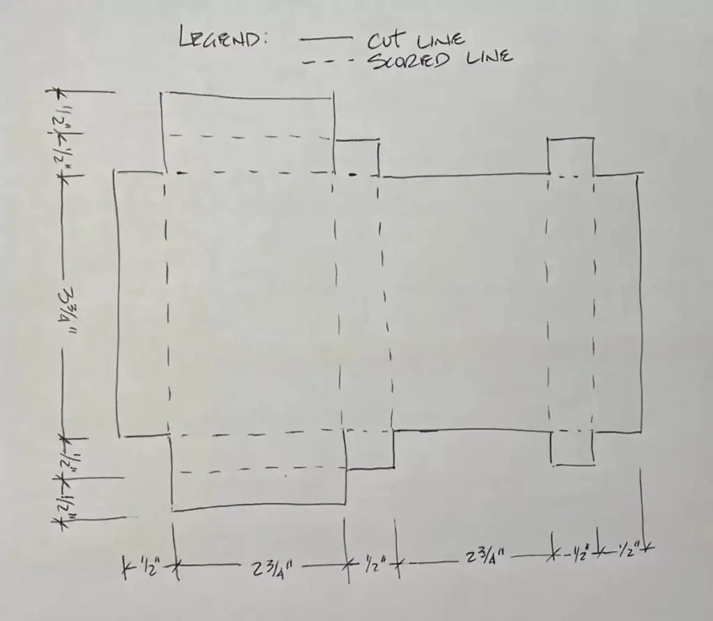 A detailed drawing illustrating the measurements of a box for gifts.