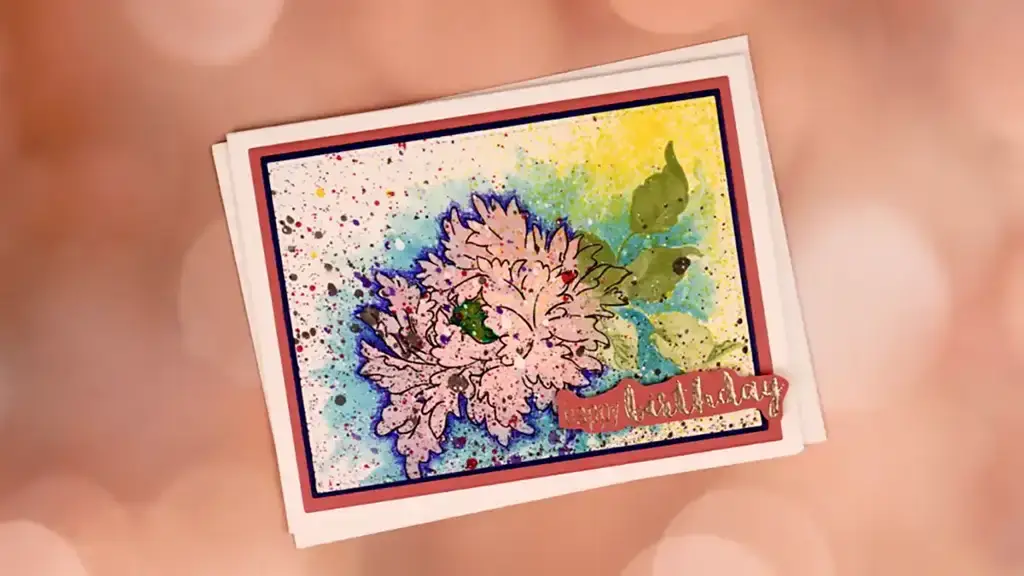 A card with a colorful carnation on it.