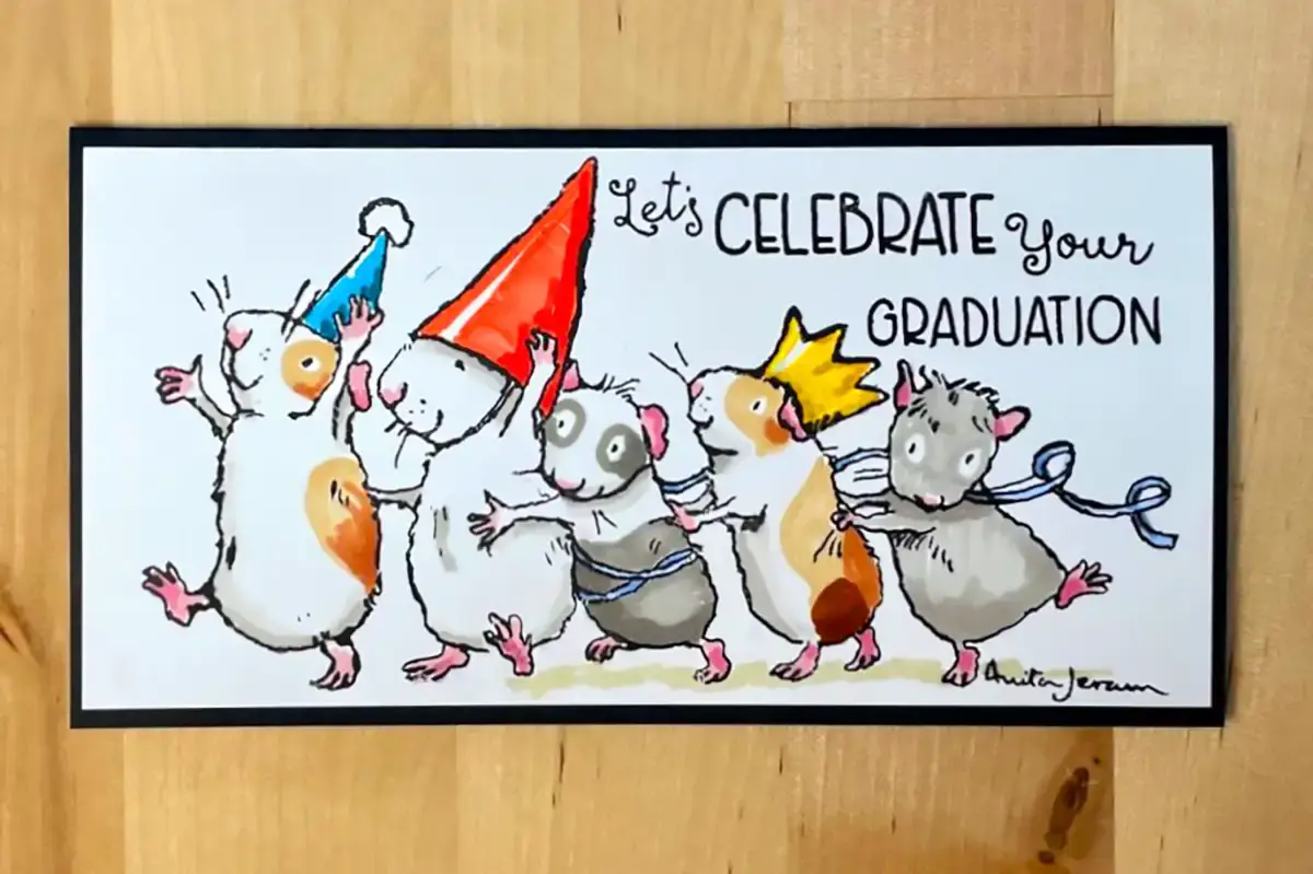 A quickie DIY greeting card featuring a group of hamsters in graduation hats.