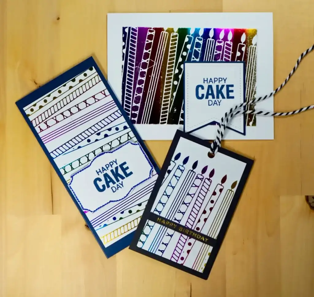 Spellbinders' New Release: A set of cards and tags with the words 'cake' on them.