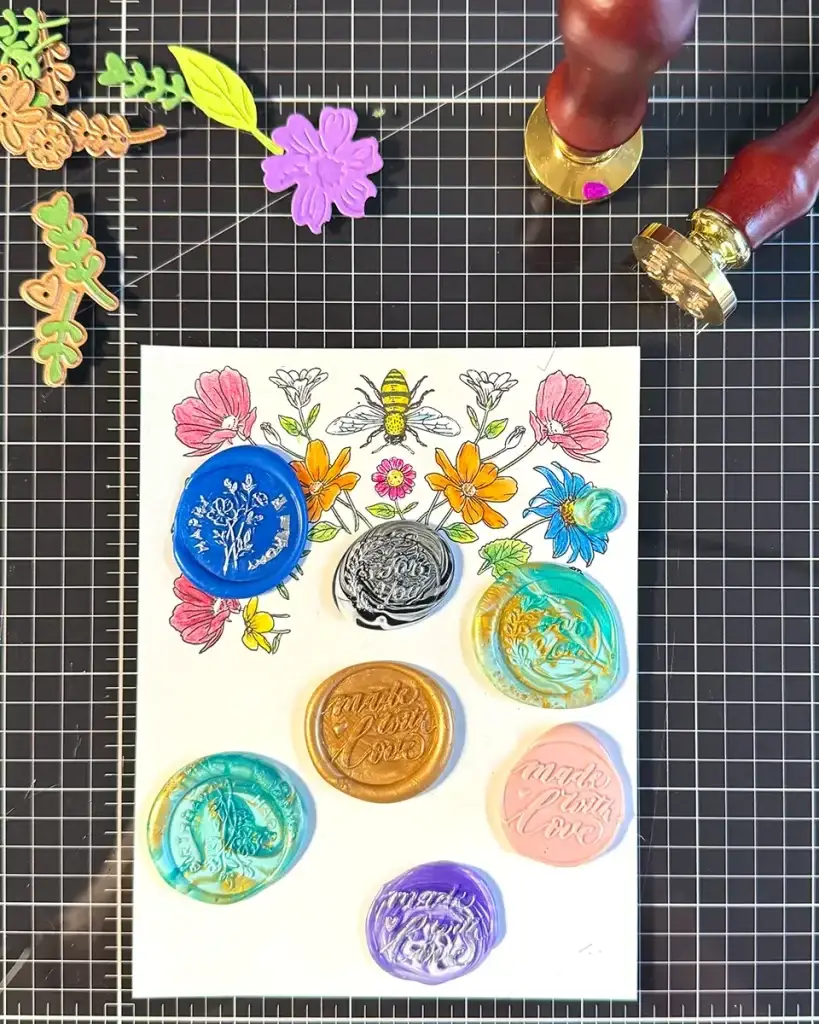 A wax seal stamp pressed onto a paper, creating an elegant and personalized touch for floral greeting cards.