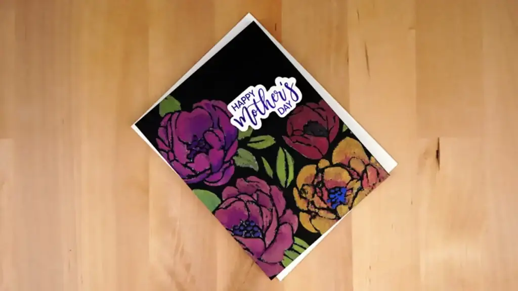 A purple and black Mother's Day card with flowers on it.