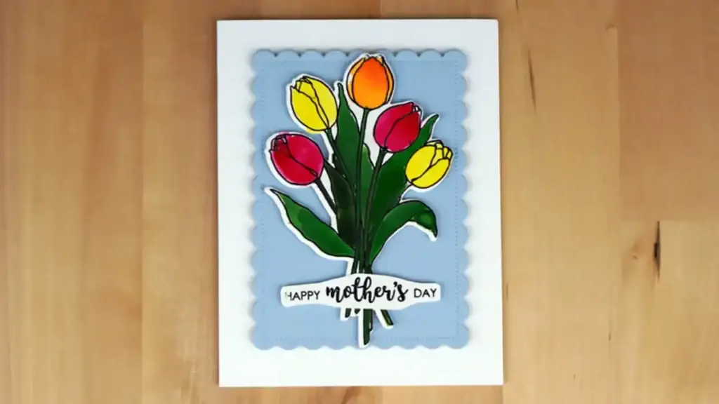 A card with a beautiful bouquet of tulips, perfect for Mother's Day.