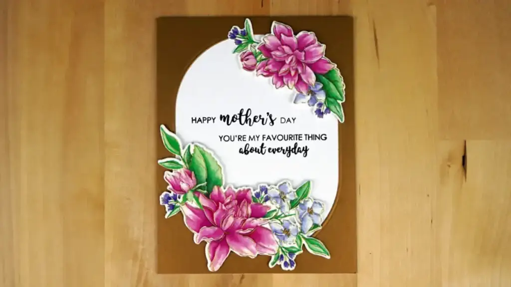The perfect Mother's Day card featuring beautiful flowers displayed on a rustic wooden table.