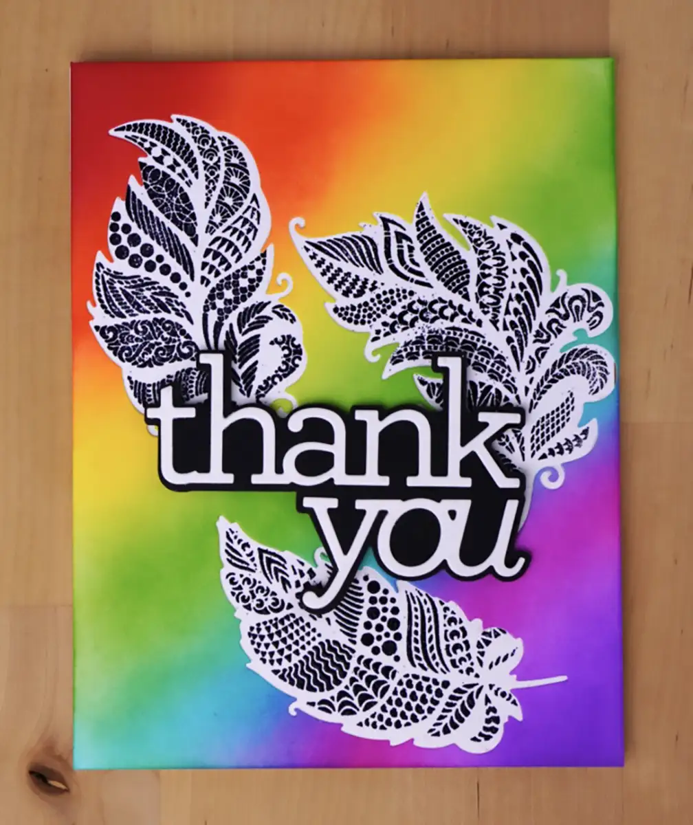 A feathered thank you card made using the 3 Cards From 1 Die-cut technique.