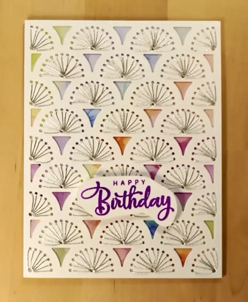 A Spellbinders' New Release birthday card with a colorful pattern on it.