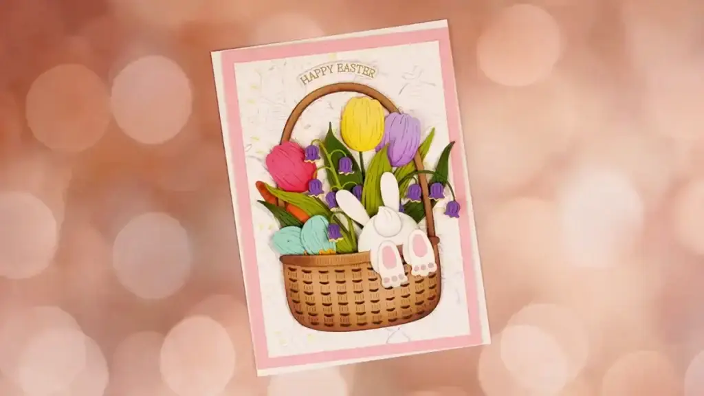 An Easter card with flowers and a bunny in a basket.