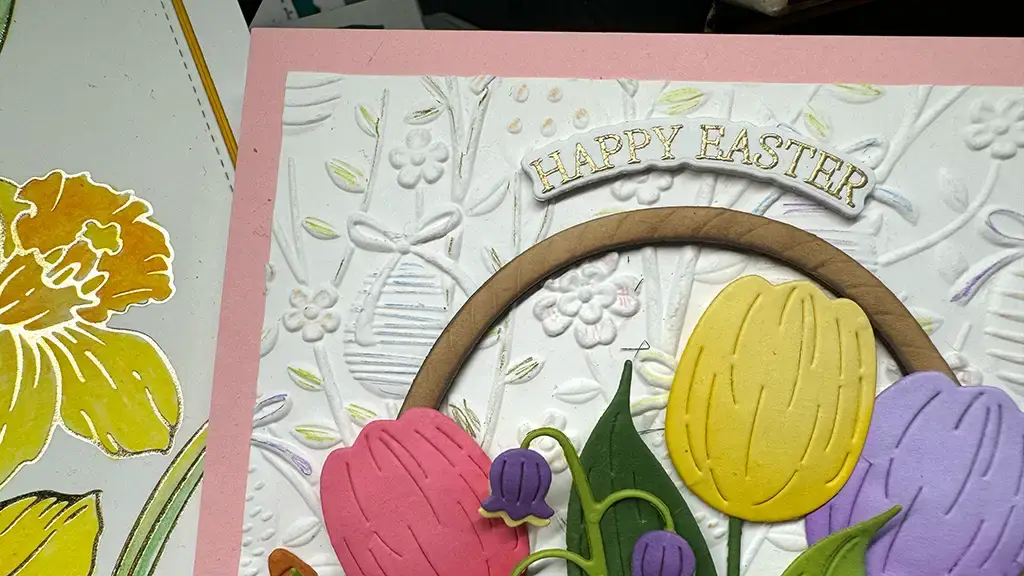 A zoomed photo of the Bunny in the Basket card to show the 3D embossed background.