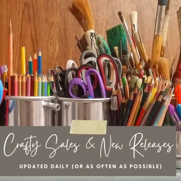Photo of crafty items in containers with a banner that reads Crafty Sales & New Releases.