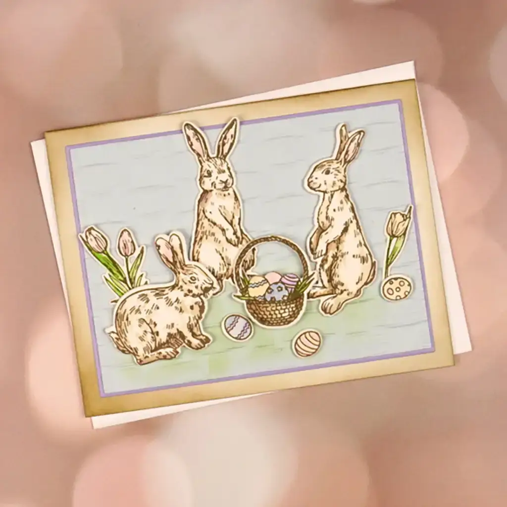 Beautiful Easter card with a Vintage vibe created using Spring Bunnies from Simon Hurley's Spring Sampler Collection.
