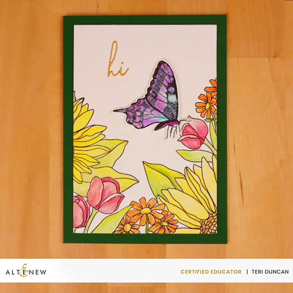A card with a wild butterfly and flowers.