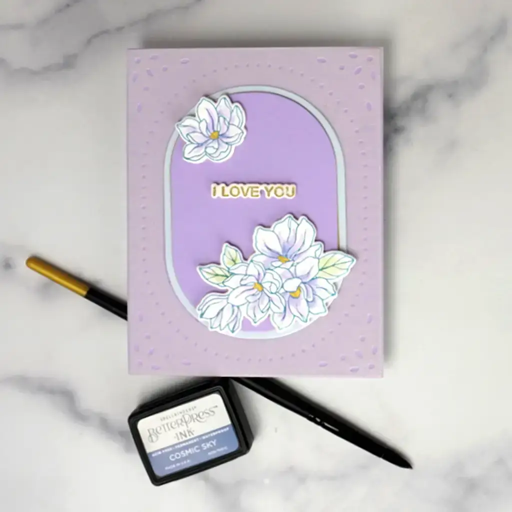 Lovely purple floral card featuring Spring Magnolia from Simon Hurley's new collection.