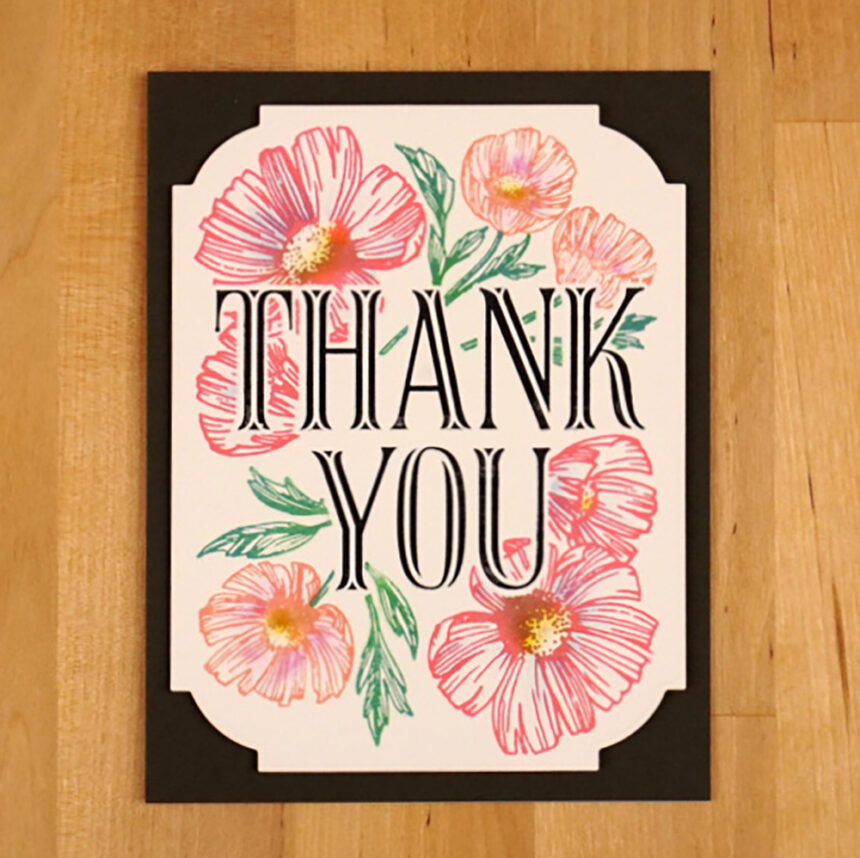 Handmade Thankyou greeting card decorated with Betterpress letterpress flowers.