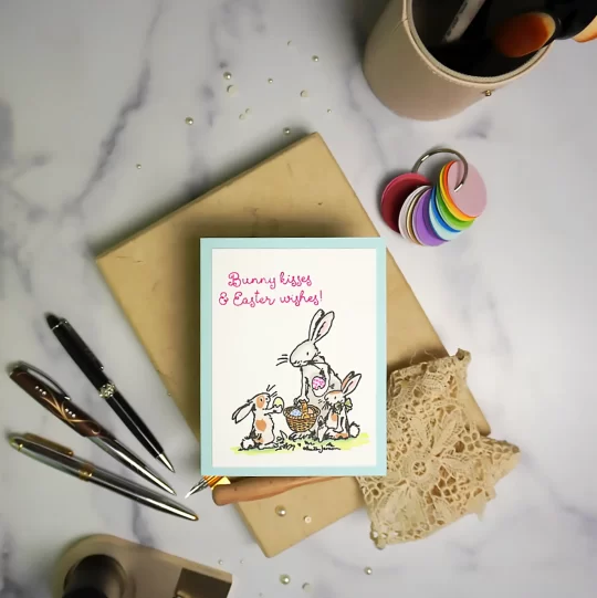 Handmade Easter Greeting Card featuring darling bunnies.