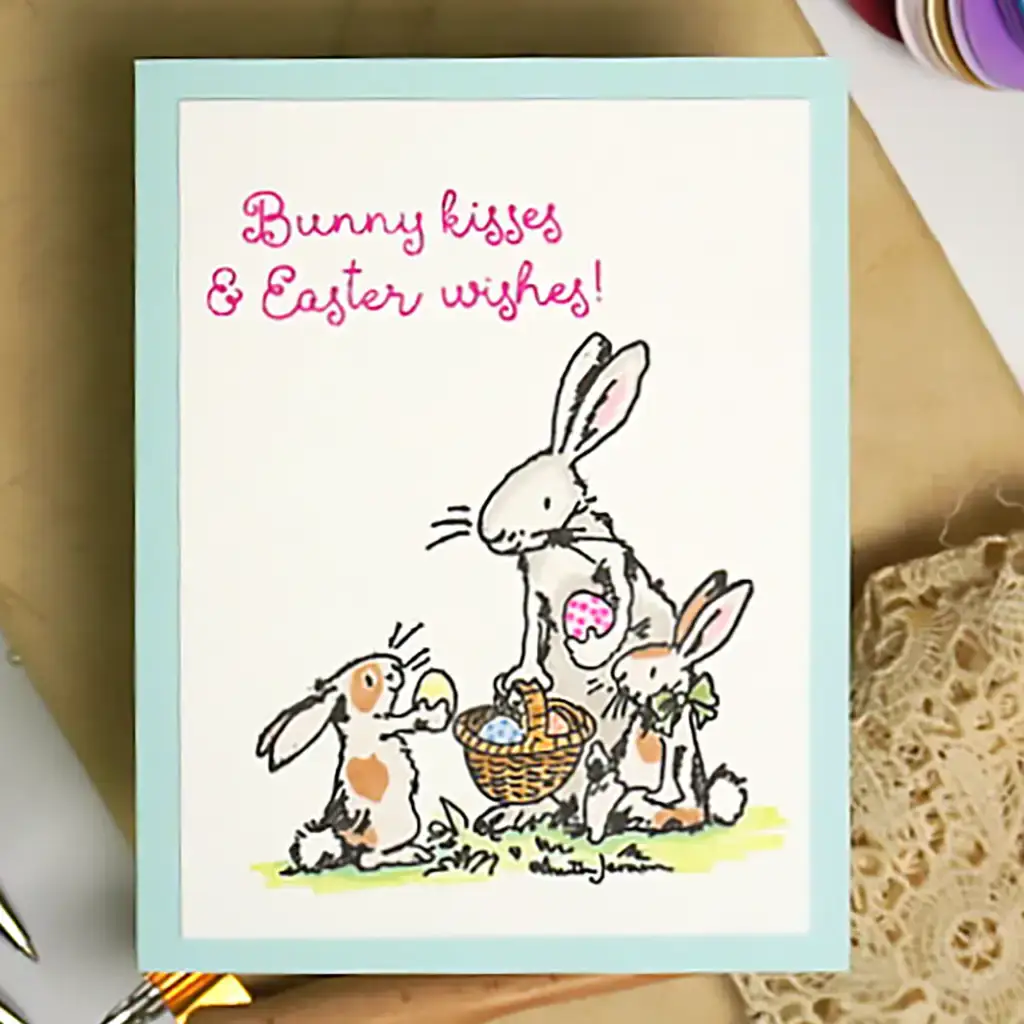 Handmade Easter Greeting Card featuring darling bunnies.