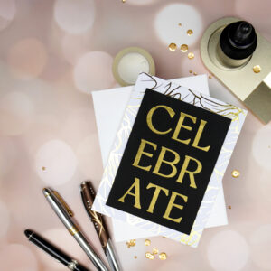 Elegant Handmade Greeting card featuring "Celebrate" in gold made with the Celebration Flowers registration plate from the new Spellbinders release.