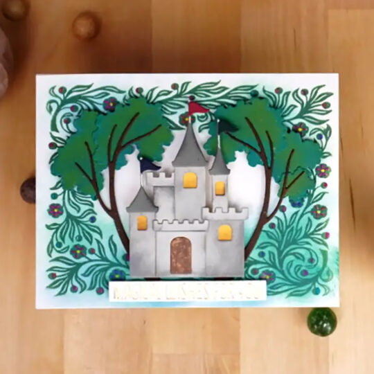 Whimsical Greeting Card with a castle in a Betterpress printed forest.