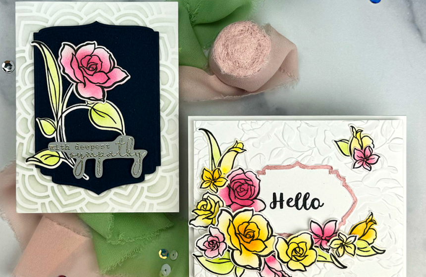 Two handmade greeting cards created using ink blending floral stamps.