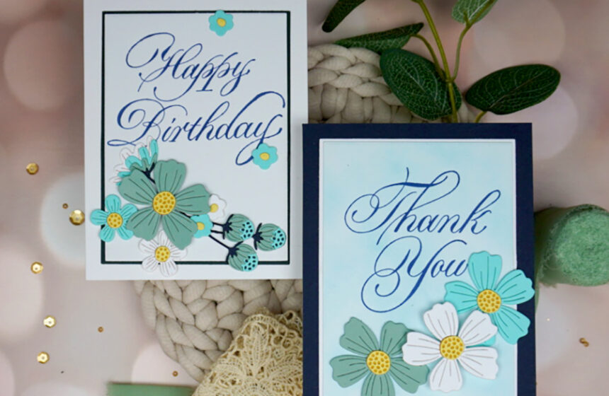 Pair of Lovely Handmade Copperplate Letterpress cards with die-cut flowers decorating them.