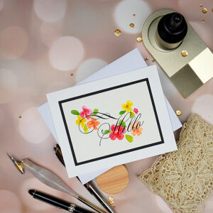 Elegant greeting card with Copperplate letterpress Hello and hand-painted flowers