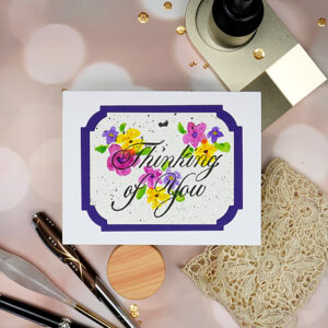 Elegant greeting card with Copperplate Thinking of You and hand-painted flowers