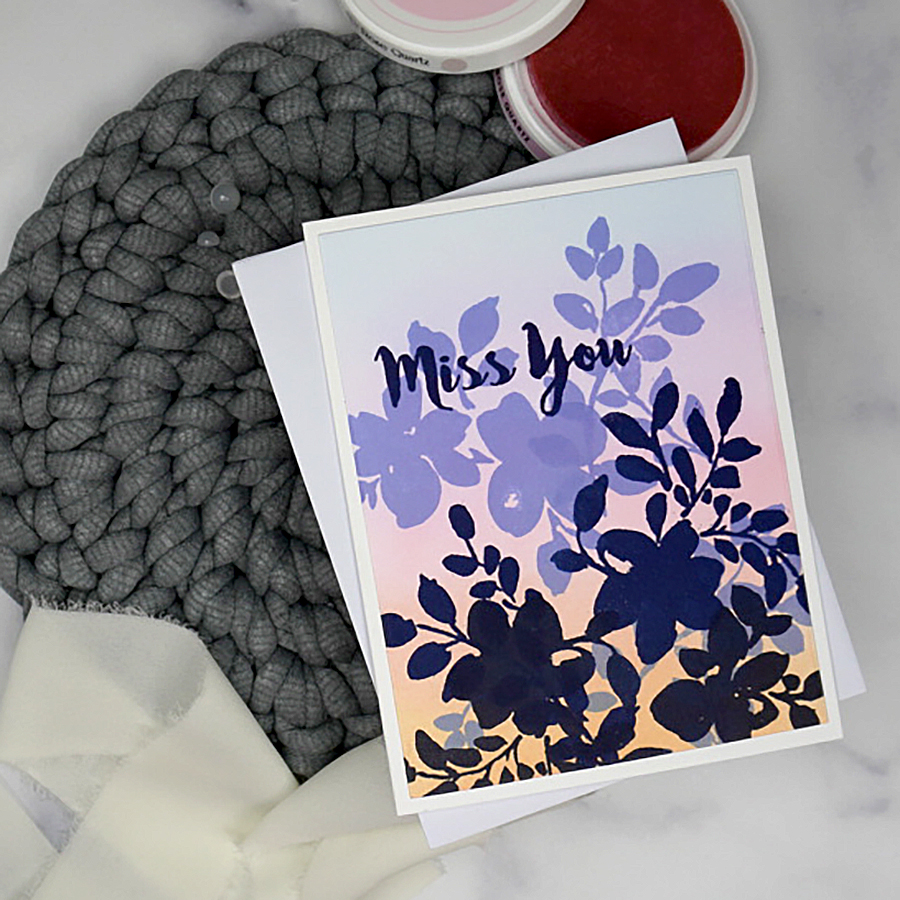 Gorgeous Silhouette Miss You card created using the Floral Shadow stamp set from Altenew - card made to celebrate Altenew's 10th anniversary