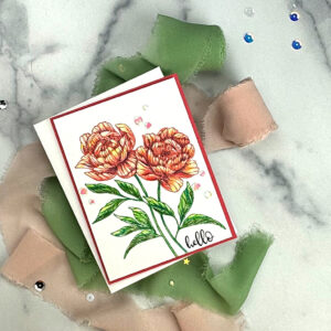 Beautiful handmade greeting card with a design created with spellbinders Peony Perfection Registration press plates.