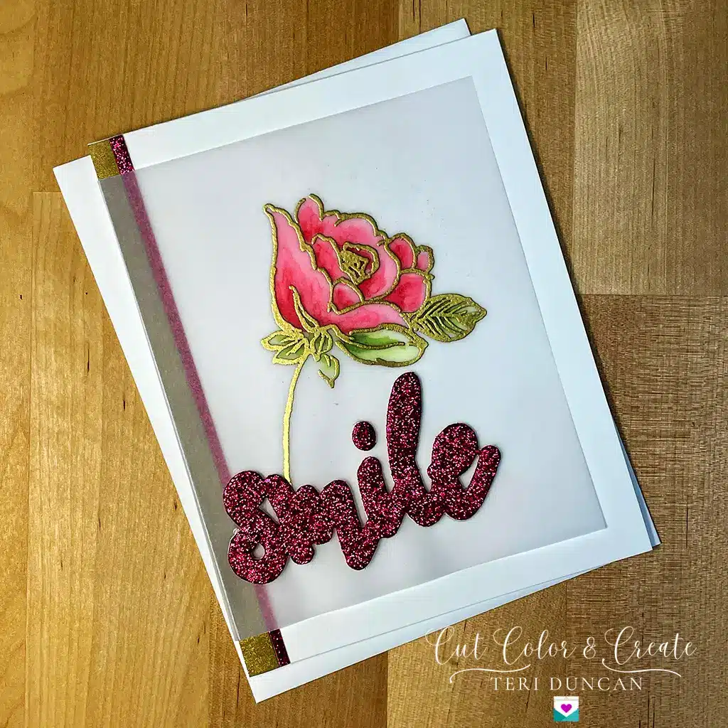 Rosey Smile handmade greeting card with a pink rose and hot pink glittery smile sentiment.