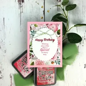 A Special pink Birthday card creating using a stamp from Stampendous All The Sentiments collection