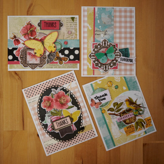 Thanks Card Set #1 with flowers, butterflies, and ephamera