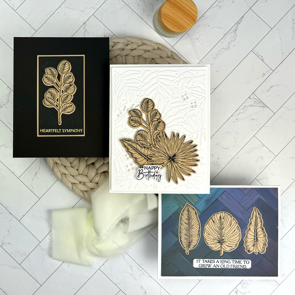 3 cards made with Tropical Leaves from Spellbinders Propagation Garden Collection