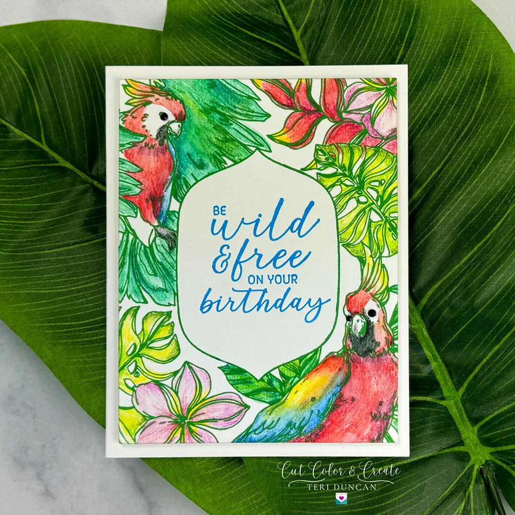 Beautiful Tropical Wild & Free Birthday card created with Spellbinders May 24 Betterpress of the Month club kit.