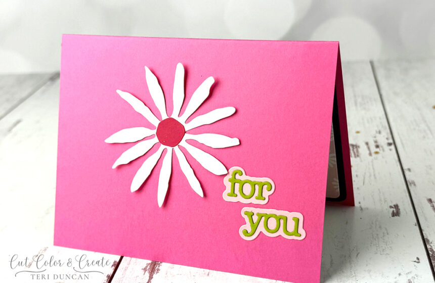 Pretty pink handmade card with a surprise inside thanks to the A2 Gift Card Holder dies we used to make the card.