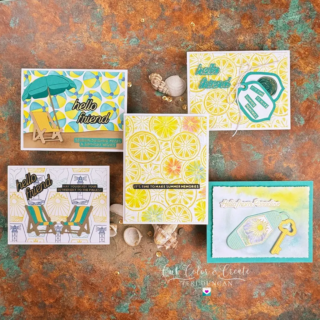 Five handmade cards made with Spellbinders' June Club Kits