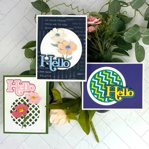 A trio of cards made with products from Spellbinders Spotlight Frames and Floral Collection