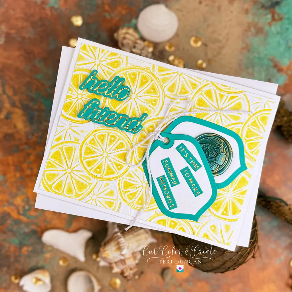 Cute Hello Friend Card decorated with a wax seal and a embossed citrus background.